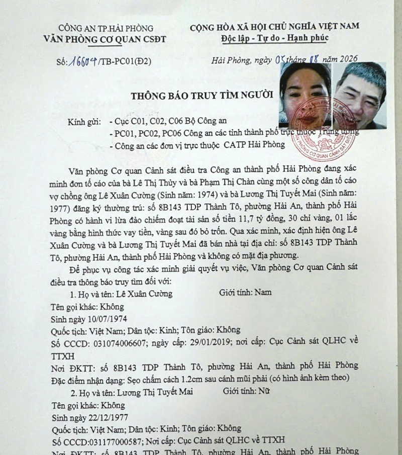 Truy Nã Cặp Vợ Chồng Tại Hải Phòng Lừa Đảo Hàng Chục Tỷ Đồng