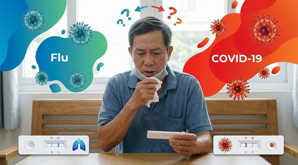 Cúm và COVID-19 có nhiều biểu hiện giống nhau; kết quả dương tính với một virus không loại trừ khả năng người bệnh mắc virus còn lại. Hình minh họa (AI)