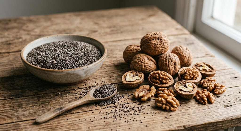 Hạt chia và quả óc chó giàu omega-3 tốt cho người ăn chay. Ảnh minh họa AI