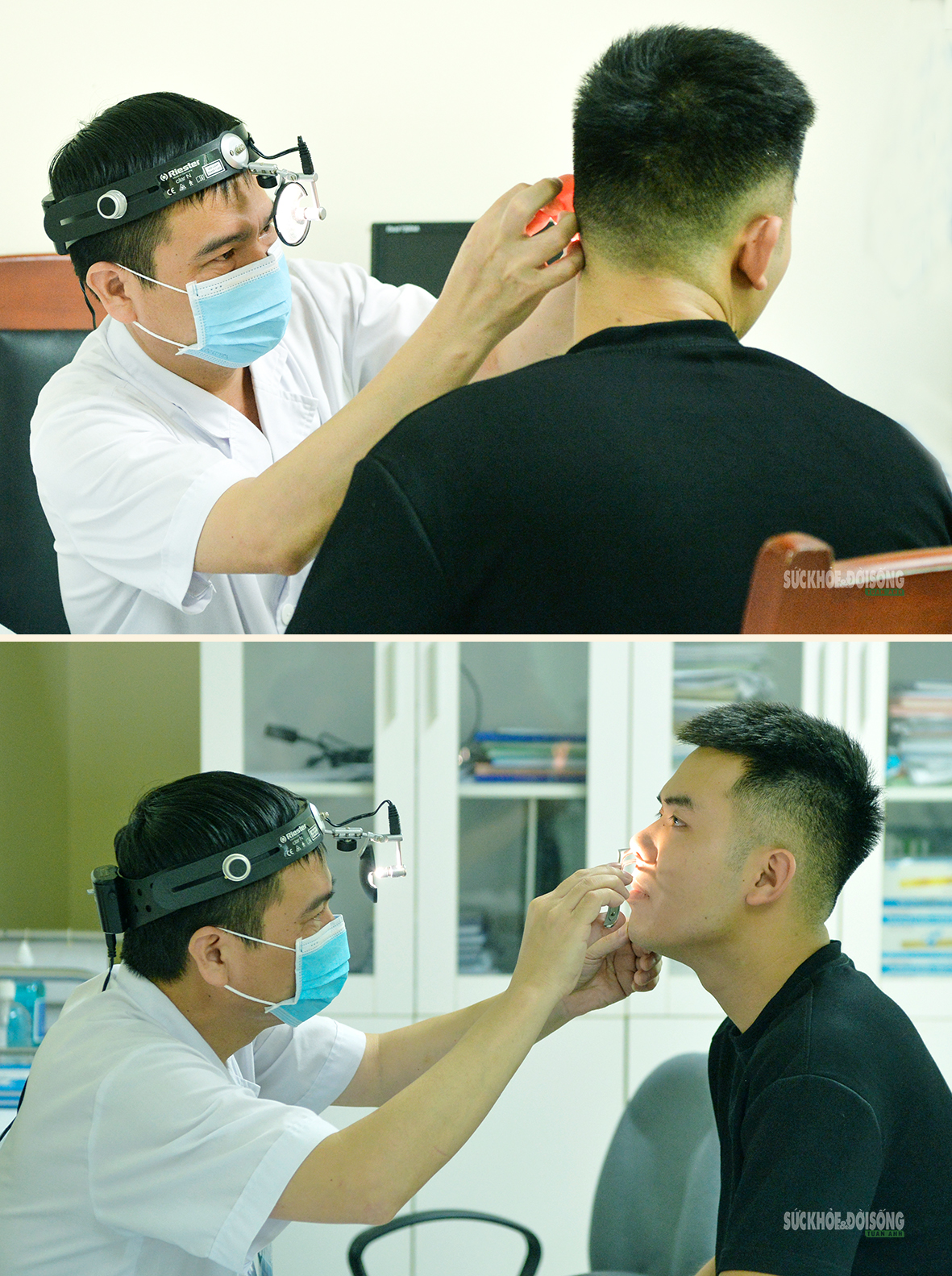 Bác sĩ kiểm tra tai, mũi, họng cho các ứng viên tham gia khám tuyển phi công.